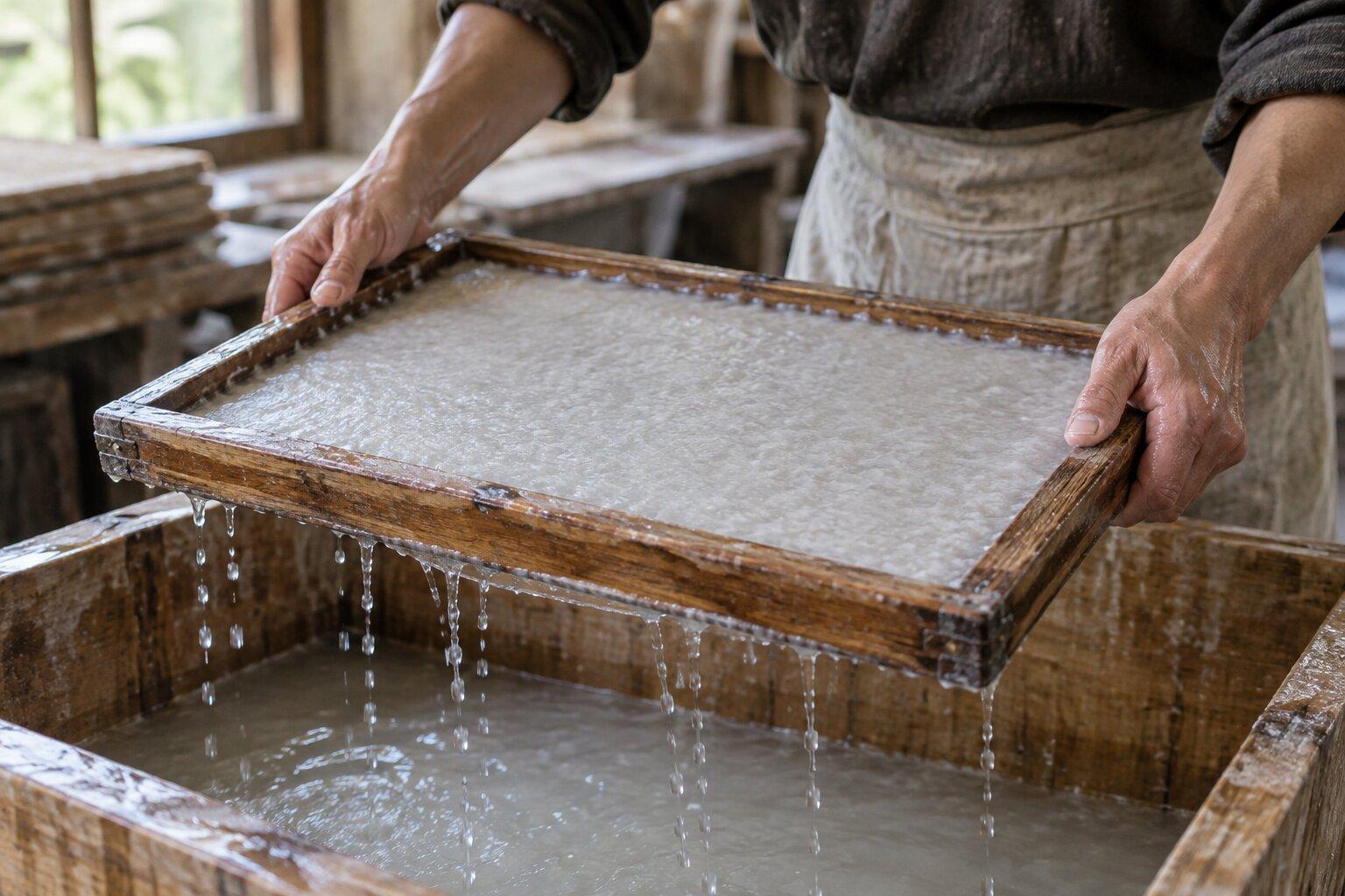 Illustration of hands lifting wet paper pulp in a wooden papermaking mould
