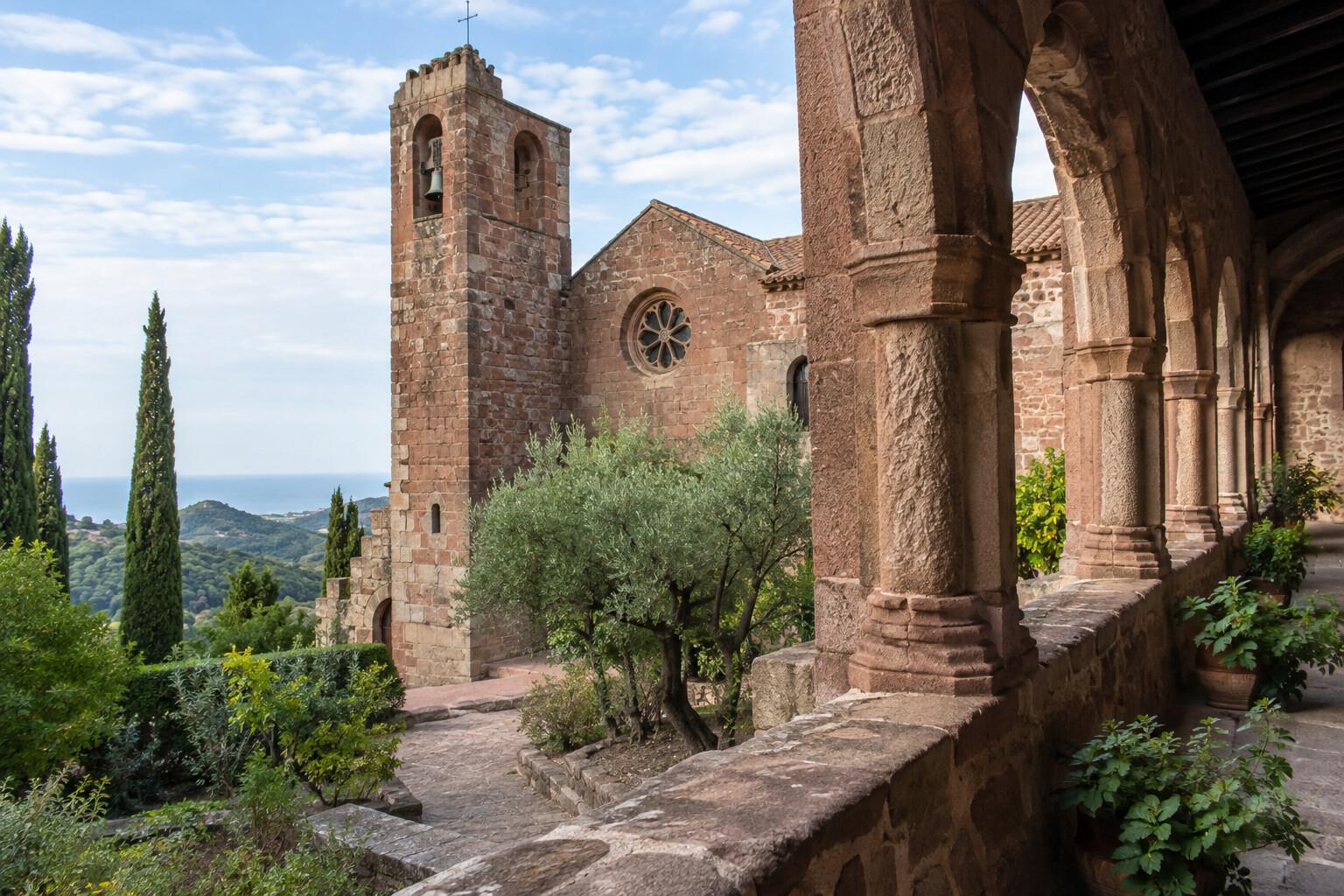 Stone cloister and church at Escornalbou