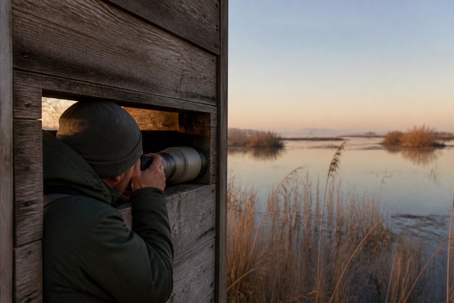 Birdwatcher looking through binoculars from a dawn hide