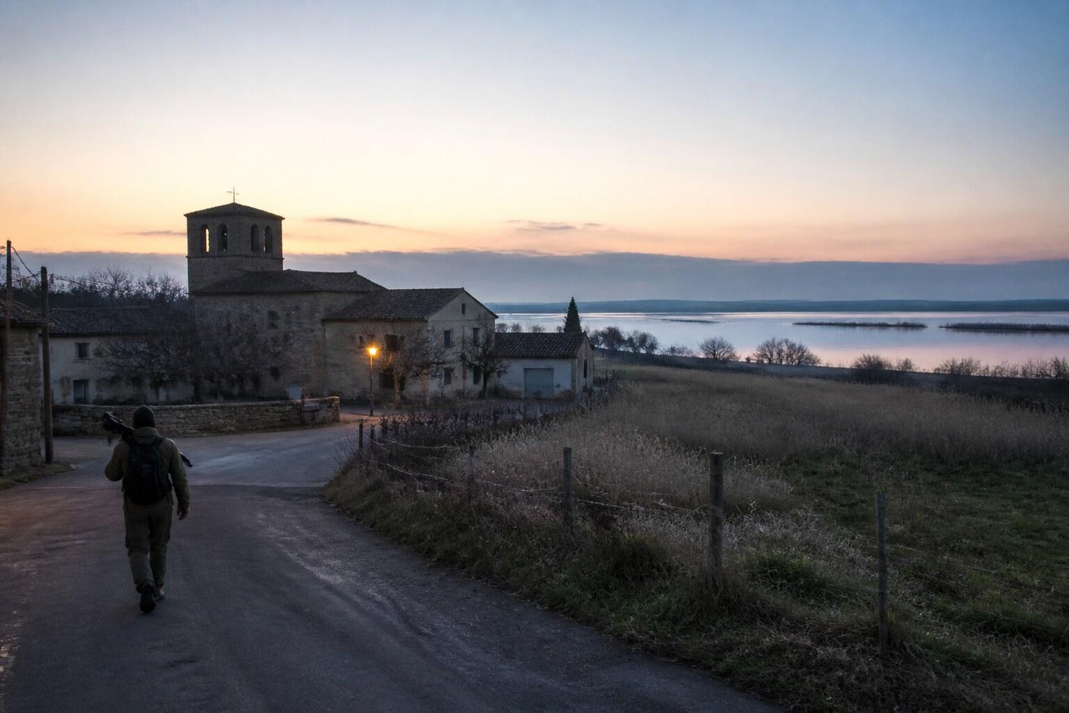 Walkers beside the calm wetlands of Estany d’Ivars at sunrise