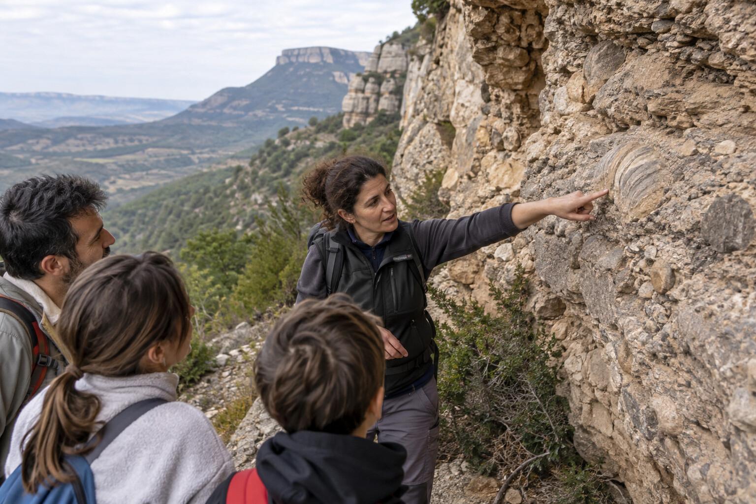 Guide pointing out fossil evidence at an Orígens Geopark site