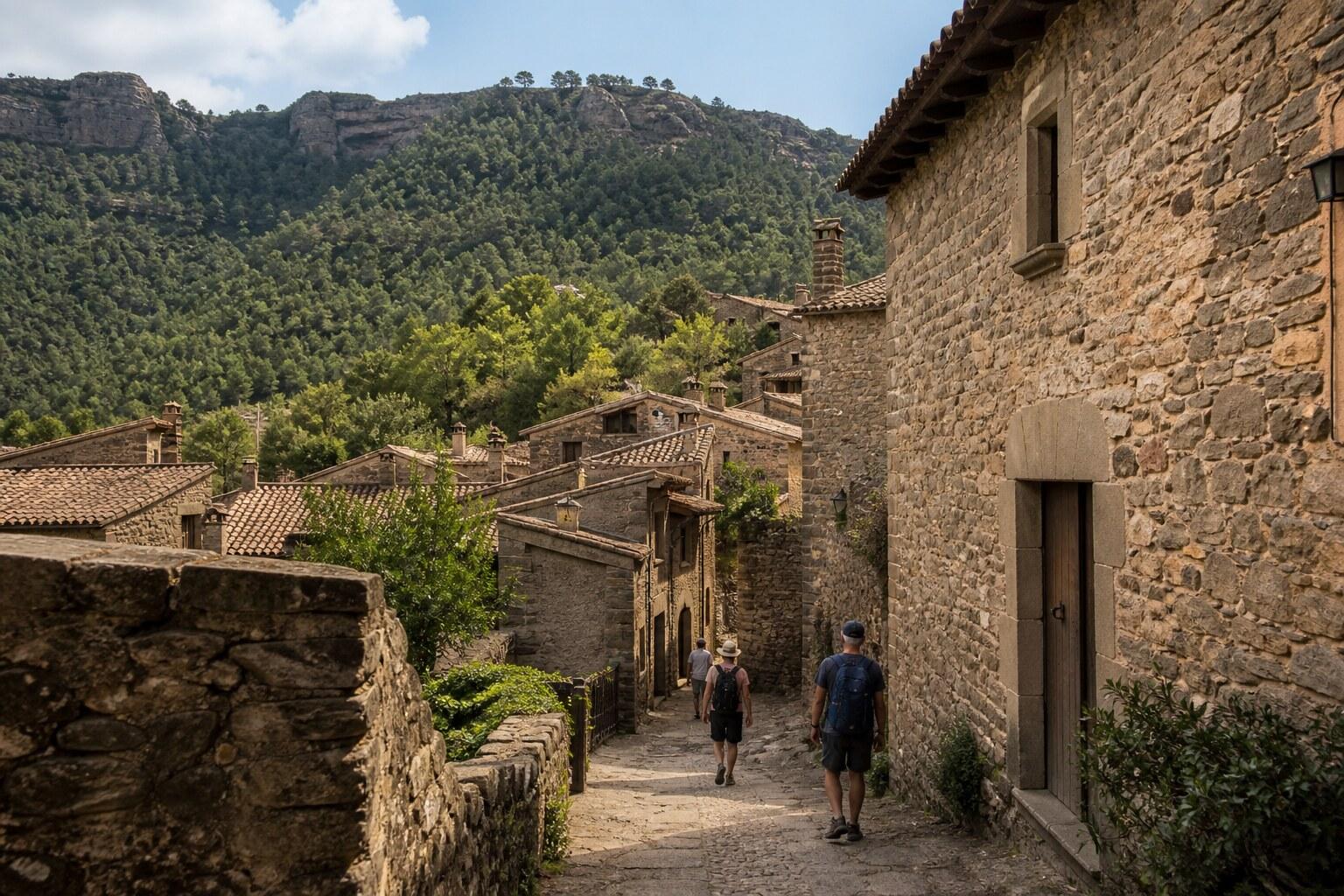 Walkers descending a stone lane through Mura with forested cliffs behind