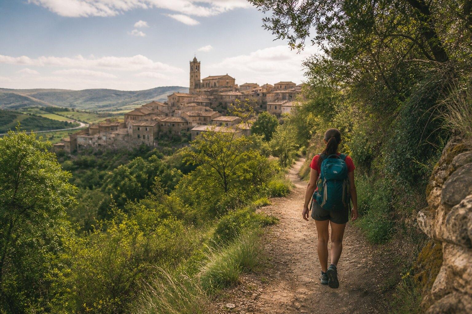 Hiker following the GR-3 through the Urgell countryside