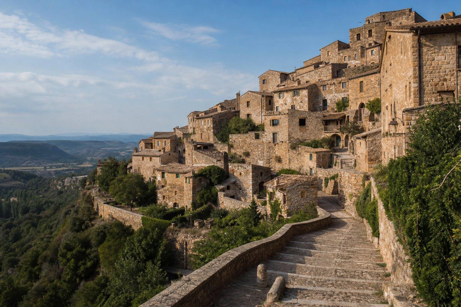 Stone houses climbing the hillside in medieval Guimerà